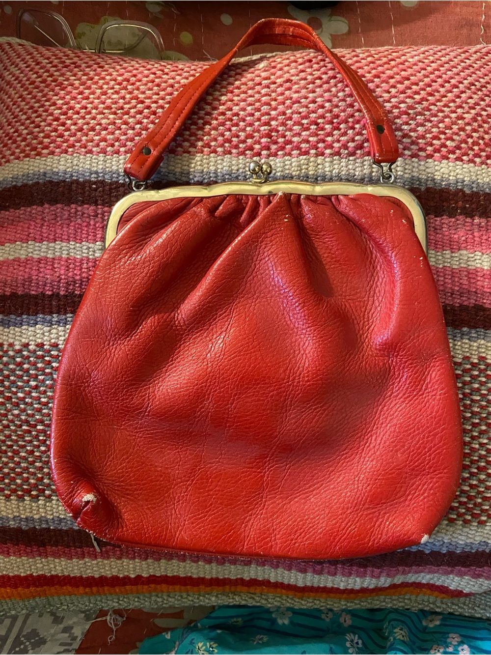 Vintage Red Leather Frame-Top Wristlet Handbag - Picture 1 of 8